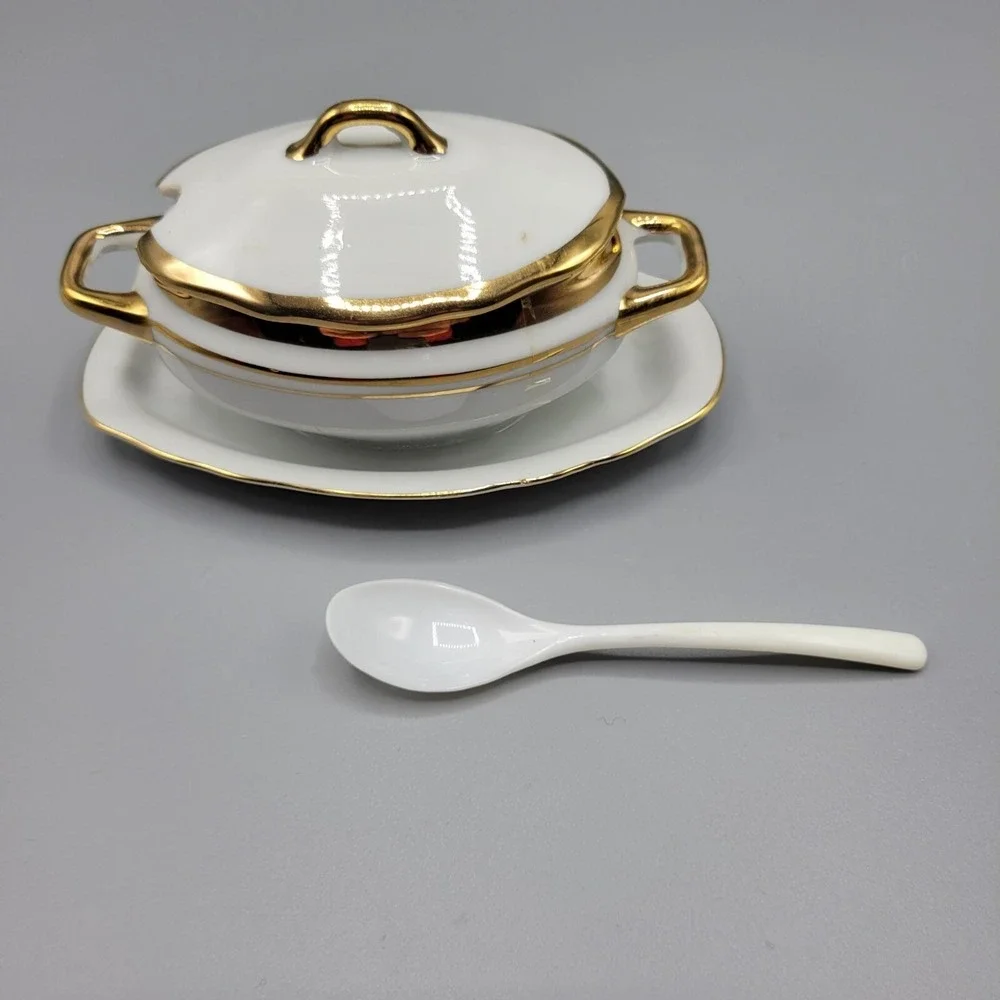 Vintage Condiment Dish Small Tureen Jam Pot with Lid and Plastic Spoon Japan